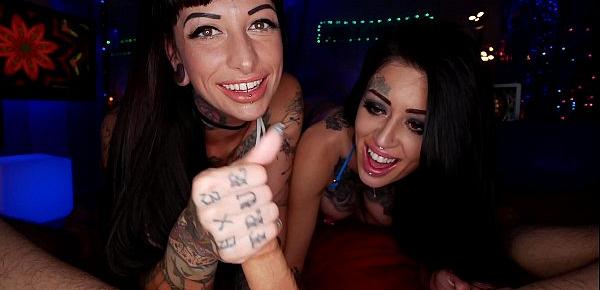 Busty Inked Brunette Babes Threesome